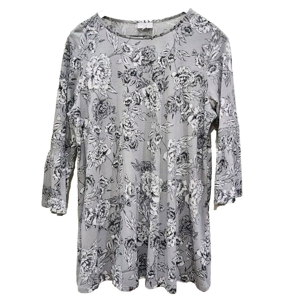 Pure J Jill Womens Large Gray Floral Tunic Top Bell Sleeve Shirt Cotton Blend‎